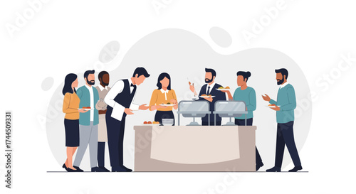 Catering Event Illustration Depicting Food Service and People Gathering at Buffet