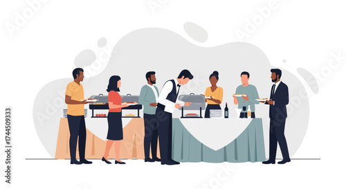 Catering Event Illustration: People Serving Themselves From Buffet Tables At Function