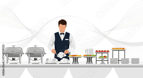 Catering Event: A Server Is Preparing Food Presentation For The Guests Buffet Setup
