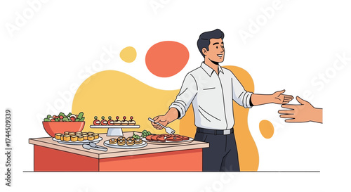 Catering illustration of a man offering food and shake hands with customer at a buffet