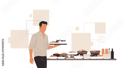 Catering Server Presenting Food Selection At Elegant Buffet With Various Culinary Offerings