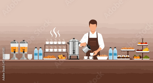 Catering Service Illustration Depicting Refreshments and A Server with Hot Coffee Beverage