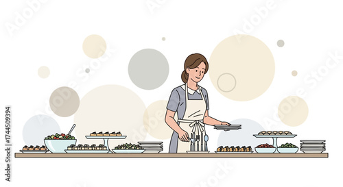 Catering Service Employee Preparing Food For Guests At The Buffet Table