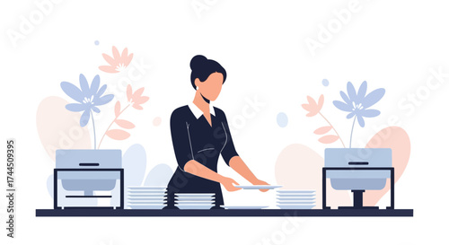 Catering Service Illustration: Elegant Professional Woman Arranging Plates For Buffet Setup
