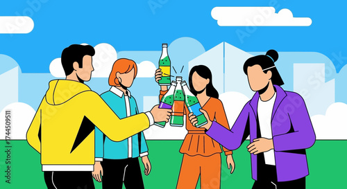 Celebrating Together: Friends Toasting Drinks Outdoors in a Joyful Illustration