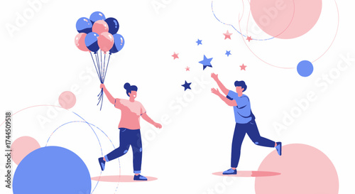 Celebrating A Joyous Friendship With Balloons And Reaching For Sparkling Stars In This Illustration