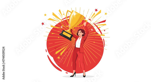 Celebrating A Victory Achievement With Trophy And Red Symbolism In Style