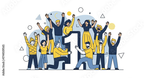 Celebrating Triumph With A Crowd of Excited People in Modern Illustration Style