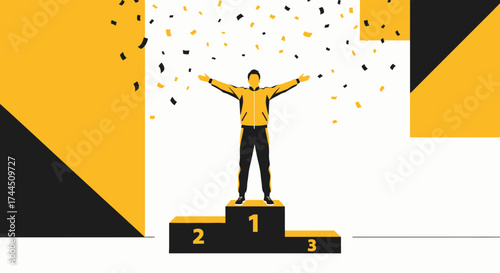 Celebration Of Achievement: Athlete Stands Victorious On The Podium With Confetti