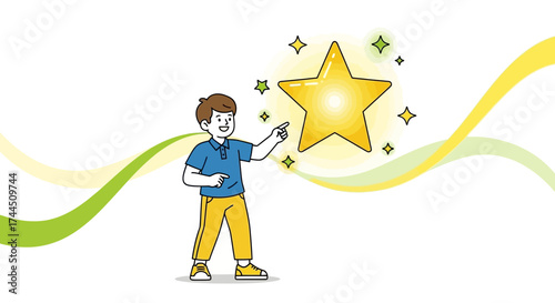 Celebrating Achievement: A Young Person Pointing At a Shining, Glowing Star of Success