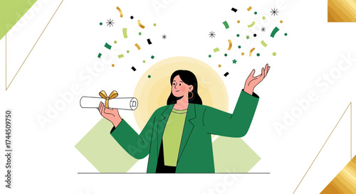 Celebration Of Achievement: Woman Celebrating Graduation with Diploma and Confetti