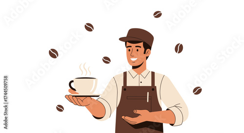 Cheerful barista serving coffee at a coffee shop flat vector illustration