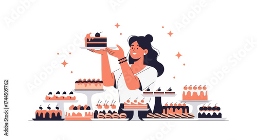 Cheerful Baker proudly Presents a Slice Of Cake Amongst a Delightful Dessert Collection