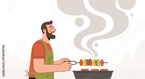 Cheerful Bearded Man Grilling Delicious Skewers Outdoors With Smiling Face on a Sunny Day