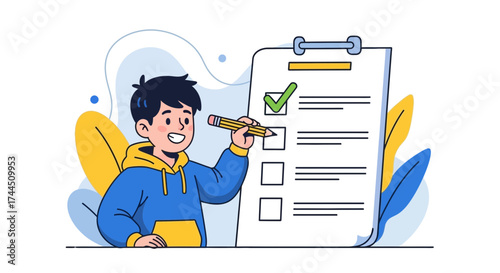 Cheerful Boy Filling Out Checklist, Illustrating Task Completion, Simple Vector Illustration