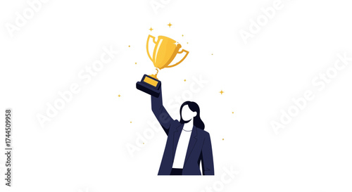 Celebrating Business Achievement Woman Holding Trophy And Sparkling Victory Stars Around