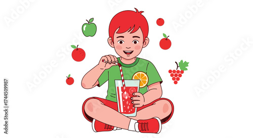 Cheerful Kid Relishing Refreshing Fruit Juice: A Vibrant Illustration of Wellness