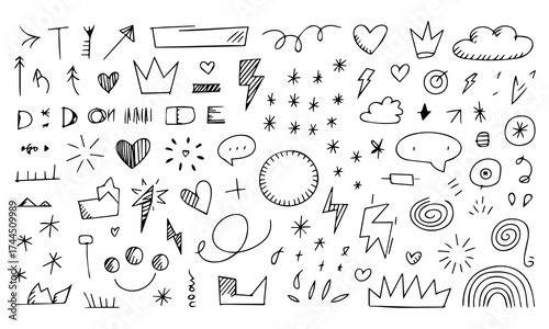 Hand-drawn doodle vector illustration of cute line sketch elements — stars, arrows, hearts, and flowers. Pen-drawn decorative icons for text highlights and emphasis. A playful mix of cute sketch-style