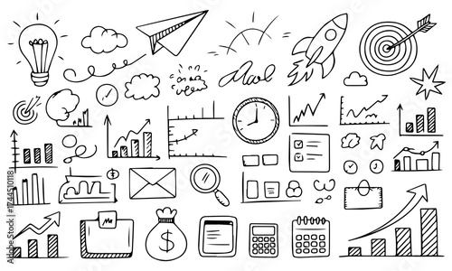 Hand-drawn doodle vector illustration of cute line sketch elements — stars, arrows, hearts, and flowers. Pen-drawn decorative icons for text highlights and emphasis. A playful mix of cute sketch-style