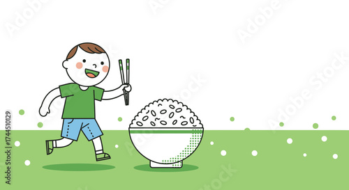Cheerful Cartoon of a Boy with Chopsticks and a Bowl of Rice with a Minimalist Design