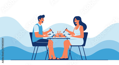 Cheerful Couple Enjoying Seafood Dinner by the Waves, Smiling and Dining Together