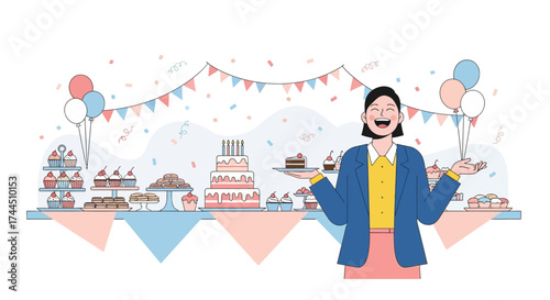 Cheerful Celebration: Decorated Table with Desserts and Joyful Person Holding Out Sweets