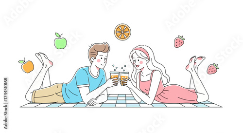 Cheerful Couple Reclining On Picnic Blanket Celebrating With Refreshing Drinks In Sunny Scene