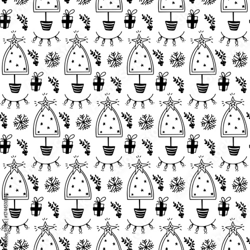 Seamless Christmas pattern with trees, gifts and snowflakes. Hand drawn doodle outline vector background. 