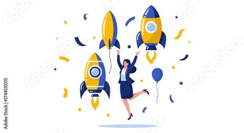 Celebrating Startup Success: Rocket Launch, Achievement, and Woman's Triumph