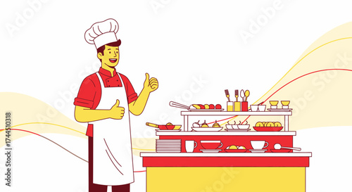 Cheerful Chef with Thumbs Up Beside Buffet Displaying Freshly Prepared Food