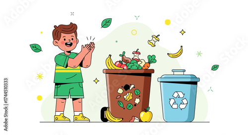 Cheerful Child Applauding After Correctly Sorting Organic Waste in Recycling Bins