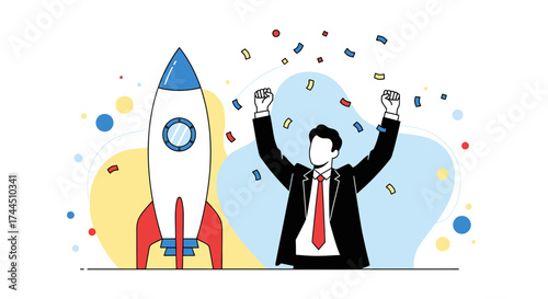 Celebrating Startup Success With Rocket, Businessman, And Festive Confetti Display