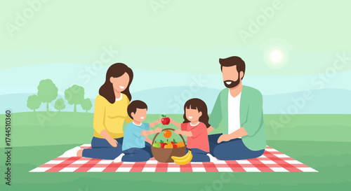 Cheerful Family Enjoying Picnic Outdoors with Fruits, Sunlight, and Green Scenery