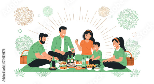 Cheerful Family Picnic: Enjoying Leisure and Refreshments Together Outdoors, Cheerful Moments