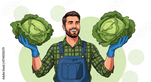 Cheerful Farmer Displaying Harvested Cabbages, Celebrating Fresh, Healthy Produce in a Field