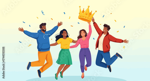 Celebrating Success: A Diverse Group Rejoices in Achievement, Holding a Golden Crown