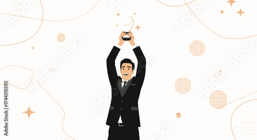 Celebrating Success: A Man In Black Holds A Trophy, Joyful Moment Vector Illustration