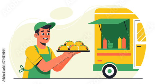 Cheerful Food Truck Vendor Presenting Delicious Tacos, Serving Up Culinary Delights Quickly