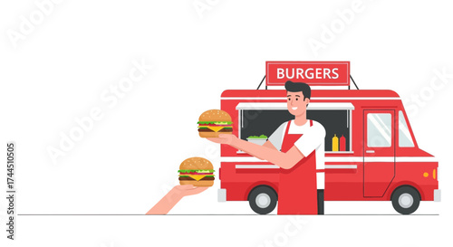 Cheerful Food Truck Vendor Offering Burgers, Delicious Meal, Fast Food, American Cuisine