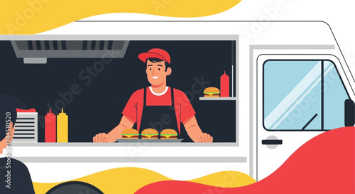 Cheerful Food Truck Vendor Serving Delicious Burgers With Customers in Line