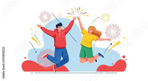 Celebrating Success And Joyful Moments With Energetic People Amidst Fireworks Display