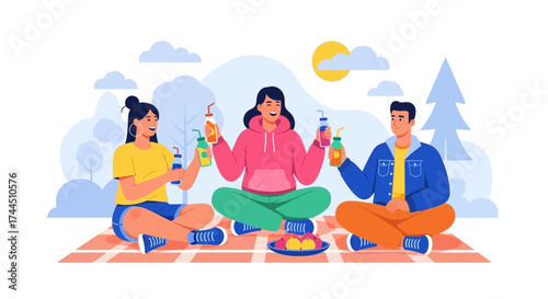 Cheerful Friends Enjoying Food And Drinks In A Beautiful Sunny Day Together