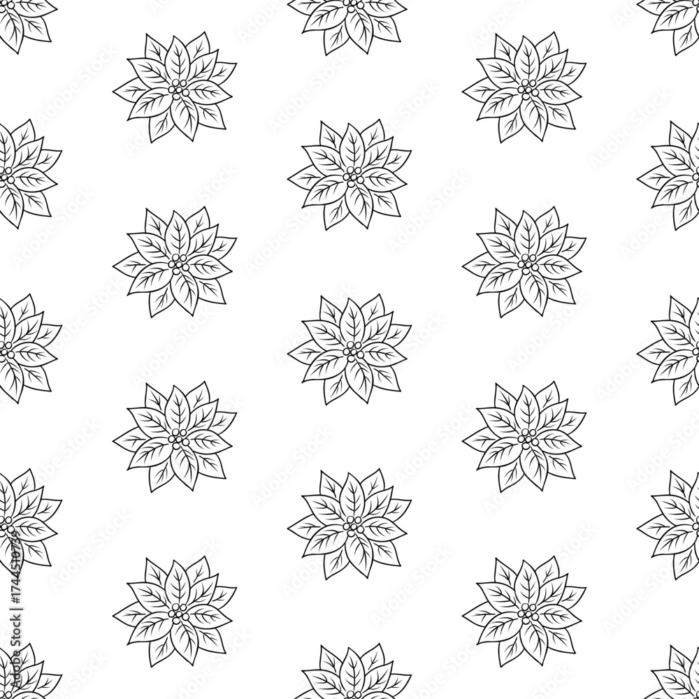 Obraz premium Poinsettia flowers seamless pattern. Christmas flower.Hand drawn line art vector background. Winter festive outline print.