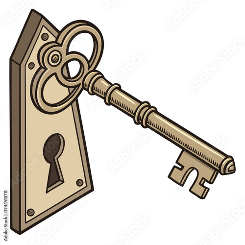 Vector art of antique brass key inserted into a vintage lock