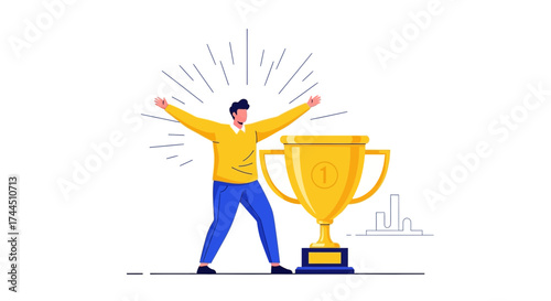 Celebratory Depiction Of Attainment Standing Beside A Gleaming Championship Trophy
