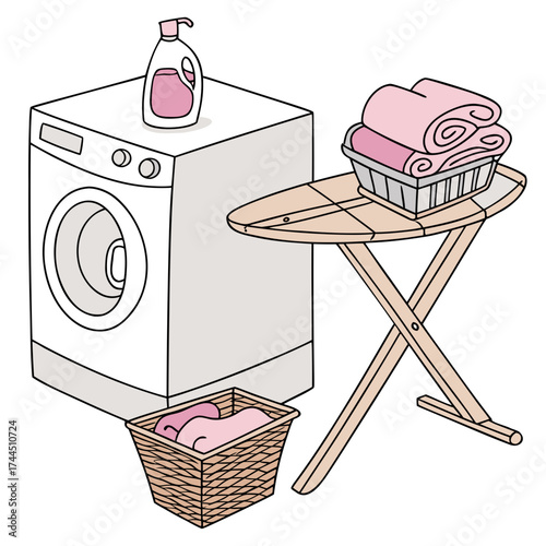 Vector art of laundry room scene with washing machine, ironing board, and basket of clothes