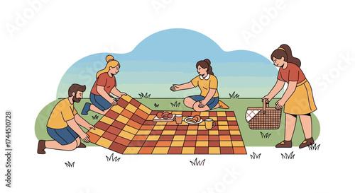 Cheerful Gathering: Friends Preparing Picnic in a Meadow Setting, Enjoying Outdoor Time