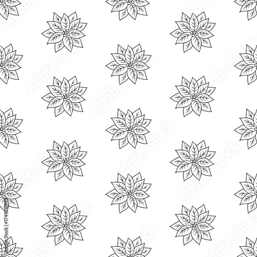 Poinsettia flowers seamless pattern. Christmas flower.Hand drawn line art vector background. Winter festive outline print.