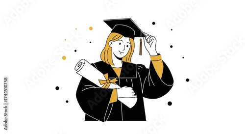 Celebratory Graduation Portrait with Mortarboard, Diploma, and Academic Gown Illustration
