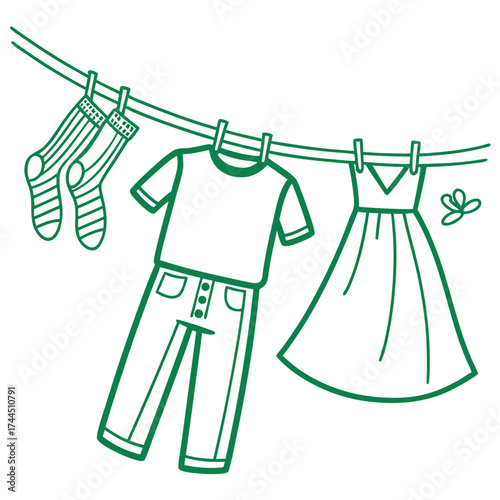 Vector art of line art illustration of clothes drying on a clothesline